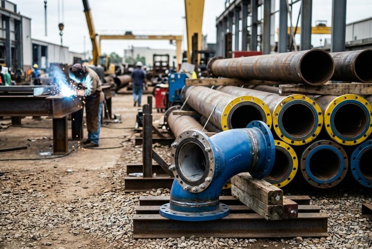 Prefabricated flanged steel piping spools in the fabrication yard