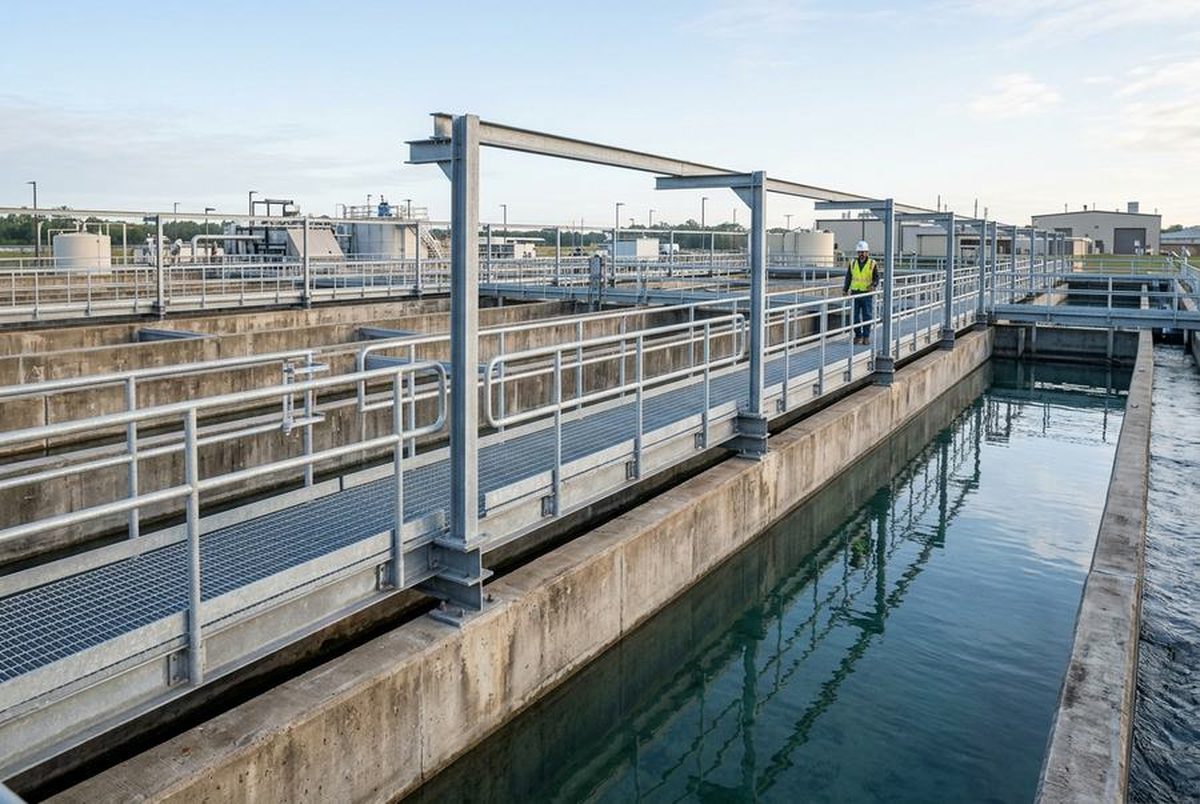 Galvanized steel walkways and handrails over water treatment basins