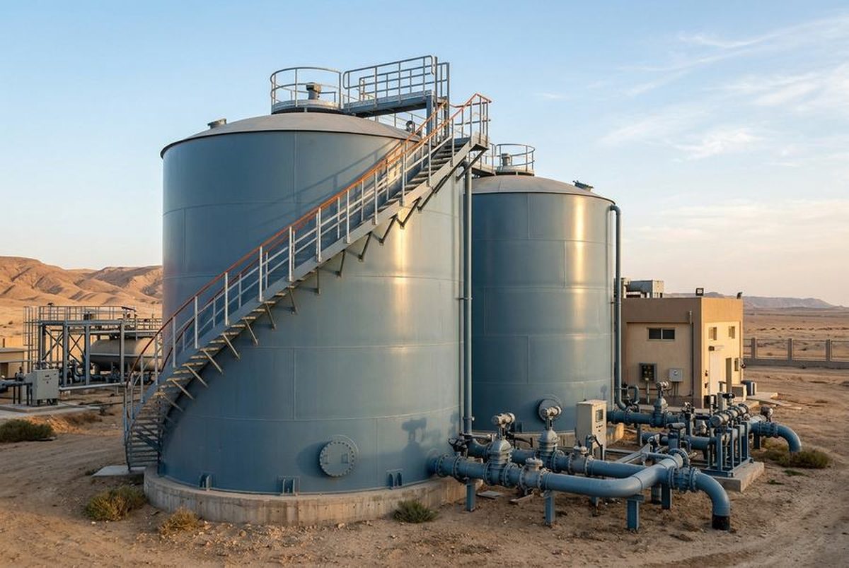 Welded steel water storage tanks with access staircase at a treatment plant