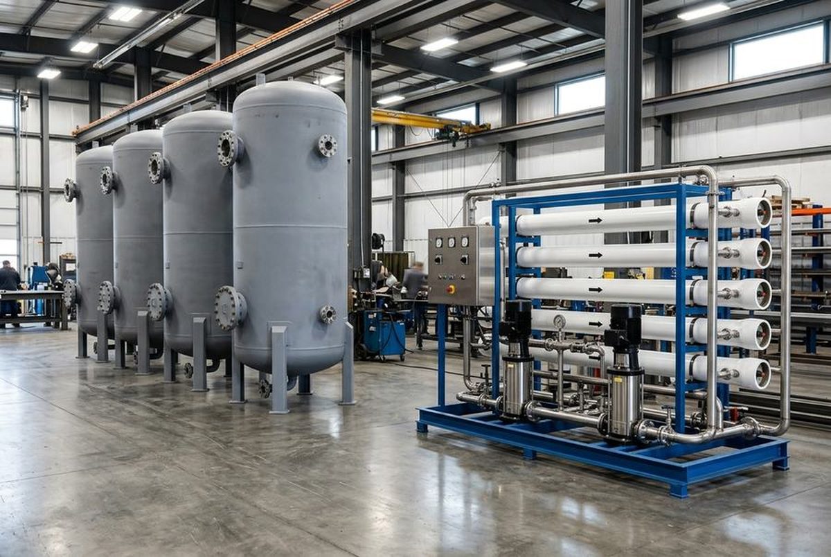 Pressure vessels and a reverse osmosis membrane skid in the fabrication workshop